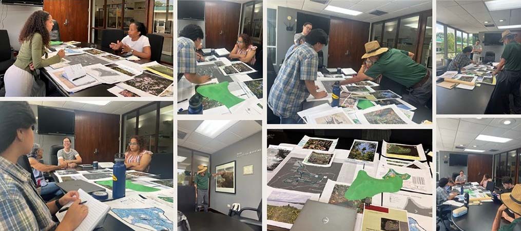 Collage of photos of students working on and discussing plans and maps.