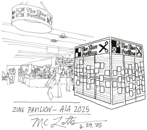 Black and white drawing showing box shaped kiosk with walls lined with paper zine shape. People appear in background.