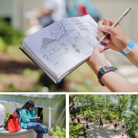 Collage of people sketching outdoors