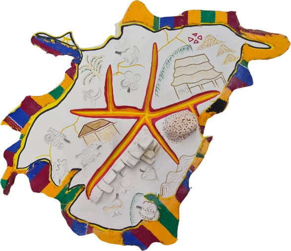 Ceramic relief map of the Ashanti Region, created using clay to represent the relationship between land, culture, and material knowledge. The prominent vein running across the map represents the tension and negotiation between modern and Indigenous practices and systems, while the piece reflects the cultural heritage and resilience embedded within the landscape.