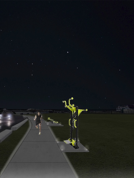 Rendering of pathway with runner and glowing structure to right and very dark background.