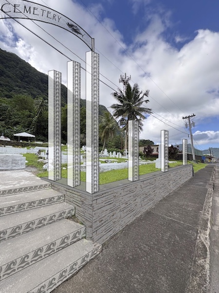 Rendering of stairs under arch with "Cemetery" text. Graveyard and hill in background.
