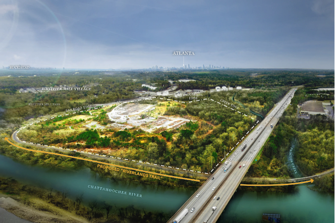 Birdseye rendering of highway bridge over Chattahooche River with developed area in background.
