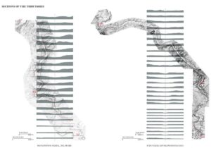 Graphic of river illustrations, each overlaid onto multiple section graphics