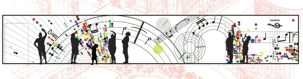 Landscape oriented banner image with silhouettes of human figures in various poses in foreground and design with musical notes and colorful dots in backround.