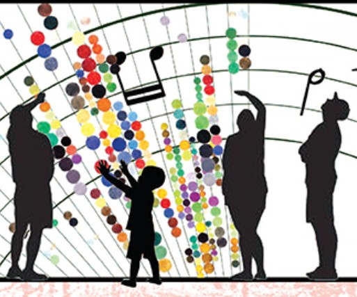 Landscape oriented banner image with silhouettes of human figures in various poses in foreground and design with musical notes and colorful dots in background.